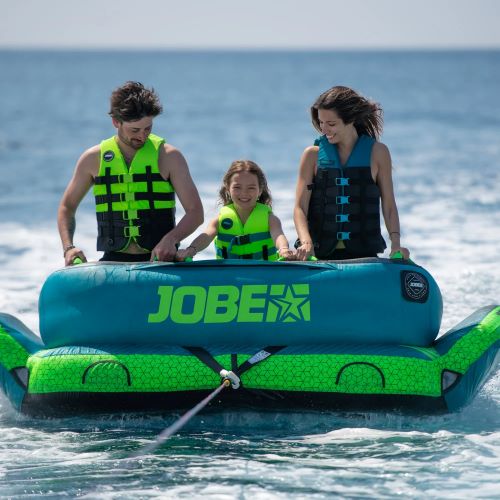 jobe-life-vests-lime-green-blue-family-on-towable-in-water